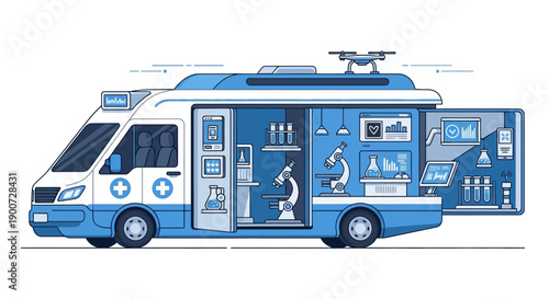 Mobile medical laboratory vehicle illustration representing healthcare services, medical testing, emergency response, and mobile diagnostics. Ideal for healthcare presentations, medical services websi