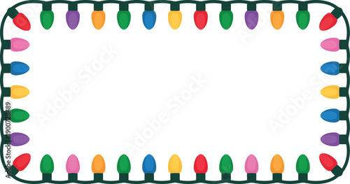 A vibrant rectangular border created by a string of colorful holiday Christmas lights on a white backdrop