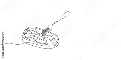 Raw beef brisket flat steak on fork with place for text, continuous one line drawing, one line Art icon drawing