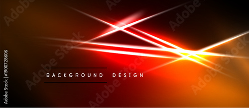 Abstract background features vibrant orange, red light streaks. Diagonal lines converge toward bright focal point. Dark borders frame design.