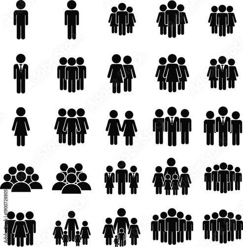 Diverse People Icon Collection with Business Groups, Family Units, and Social Crowd Silhouettes for User Profiles, Demographic Infographics, and Team Collaboration Concepts