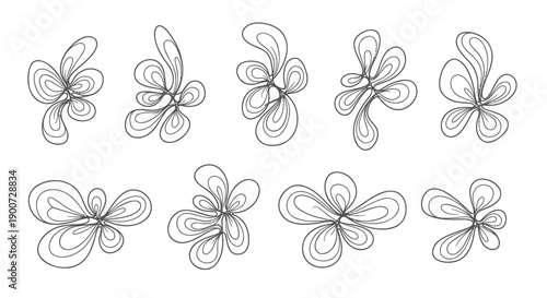 Black line art butterfly icons, hand-drawn floral designs, for illustration or graphic design, isolated on transparent background, png