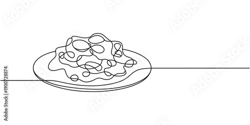 Scrambled eggs drawn with one continuous line, World egg day simple web banner, background. One continuous line drawing with text Egg Day, broken egg continuous line vector illustration, Continuous