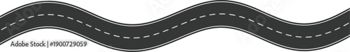 A winding black roadway with white dashed lane markers depicted against a clear white backdrop
