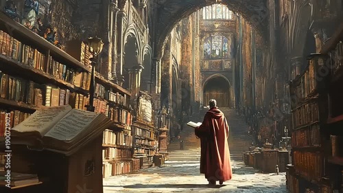 Monk Reading in Ancient Library Hall.