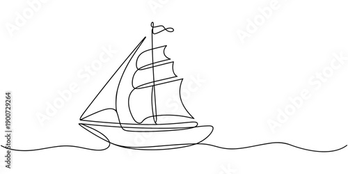 Single continuous line drawing pinisi ship. Traditional boat from South Sulawesi, Indonesia. Has a very unique design. Inter island trade. National Maritime Day. One line design vector illustration