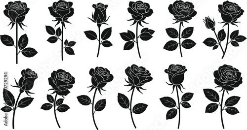 Large Set of Black Rose Flower Silhouettes with Stems and Leaves for Romantic Wedding Invitations, Floral Pattern Designs, and Elegant Botanical Decoration Graphics