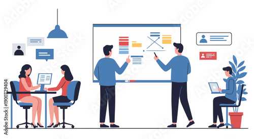 Illustration of a modern office with people working, collaborating, and using technology.