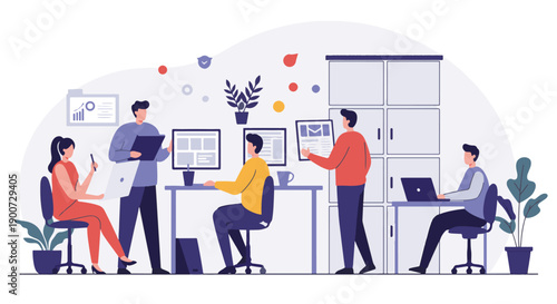 Illustration of a modern office with employees working and collaborating on various projects
