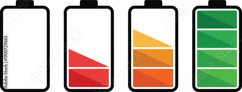 A series of four clear battery icons illustrates varying power levels from empty to fully charged