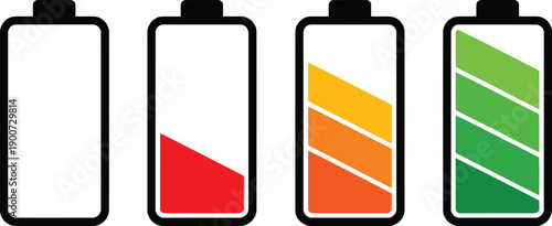 A series of four clear battery icons illustrates varying power levels from empty to fully charged