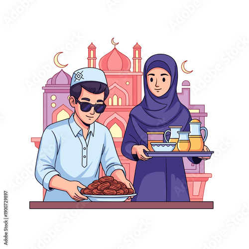 Cartoon illustration of a boy and girl happily enjoying a cake together at a table in a family kitchen setting