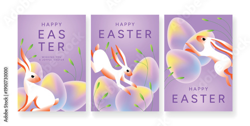 Happy Easter greeting posters with bunny, pastel eggs and spring branches on violet background. Festive holiday illustration with rabbits, Easter symbols and floral elements for card, poster, ad