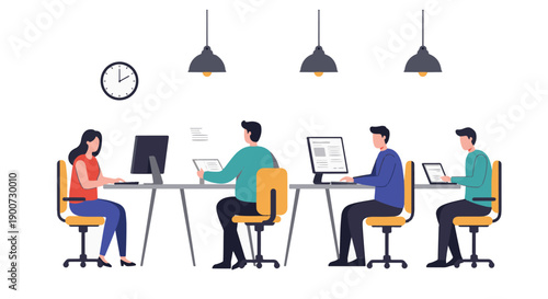 Illustration of a group of people working in an office with computers and laptops at desks