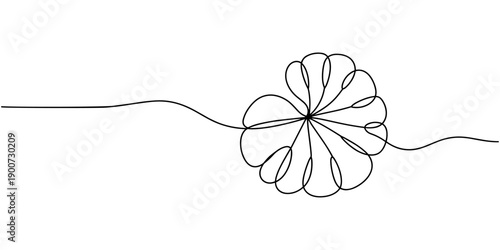 Simple one line minimalist flower with elegant curved stem and petals, Single continuous line drawing depicts an elegant blooming flower atop a slender curving stem.