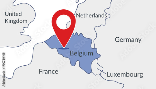 Belgium on Europe map with pin location marker. Vector flat template.