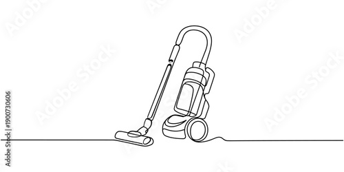 Vacuum cleaner in single continuous line art drawing style. One line drawing of home household appliance. Editable stroke contour of vacuum cleaner. Doodle hand drawn vector Poster template
