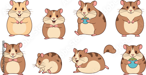 Set of cute cartoon hamster vector illustrations in different poses including eating and sleeping