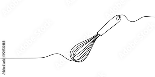 Balloon Whisk continuous one line drawing illustration. Whisk Continuous Line Art, Cooking whisk one line continuous drawing. One line ff kitchen tool balloon whisk.