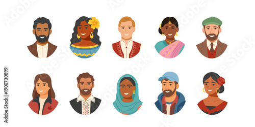 Set of people avatars in traditional clothing isolated on white14. Concept of equality, cultural diversity, friendship, inclusion. Vector flat cliparts.