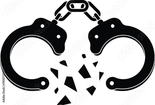 Black silhouette of broken handcuffs shattering into small pieces on a pristine white surface