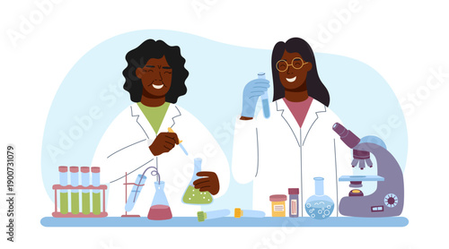 Two scientists in laboratory with test tubes, tools and microscope. Concept of biotechnology, medical research, science. Vector flat banner.