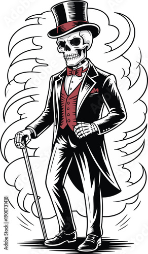 Dapper Skeleton Gentleman Mascot Logo Wearing a Top Hat and Tuxedo with Red Vest Holding a Walking Cane Surrounded by Smoke for Halloween and Vintage Branding Vector Illustration