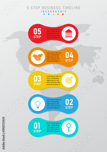 5 Steps to Business Planning Success Simple vertical infographic template. Squares and circles in multiple colors with text and numbers. White circle at the top with icons. Map background.