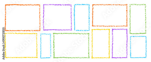 Colorful kindergarten crayon frame with hand-drawn doodle border vector illustration set. Cute childish design perfect for school projects, children s art, and playful text backgrounds.