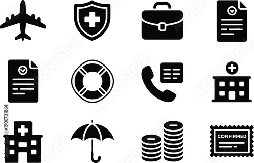 Collection of black solid icons representing travel, health, finance, and security services on white