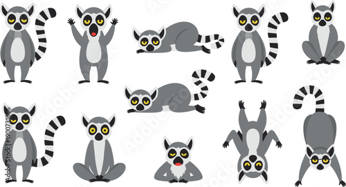 Set of cute cartoon lemur vector illustrations in various sitting, lying and playful poses