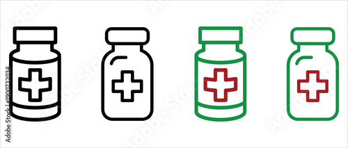 Medical bottle icons set with cross symbol in black and green vector illustration.