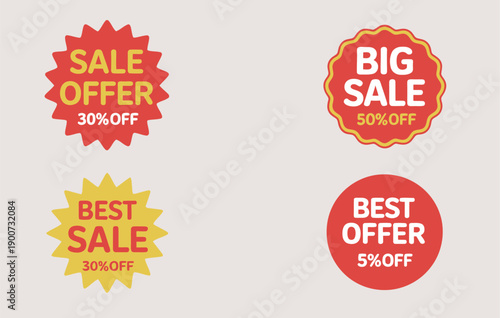 Discount sale tags, featuring best sale, hot offer, super offer labels with 5%, 10%, 30%, and 50% off promotions.