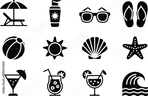 Diverse collection of black silhouette summer beach and tropical holiday vector icons on white