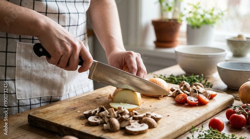 Hands slicing onion with shiny kitchen knife on worn wooden cutting board, checkered apron and vegetables beside