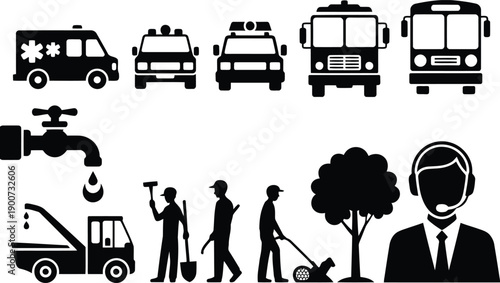 Diverse set of black icons for emergency, utility, and public transportation services