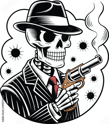 Skeleton Gangster Mascot Wearing Fedora Hat and Suit: Cool Skeleton Mobster with Smoking Revolver Gun Vector Illustration