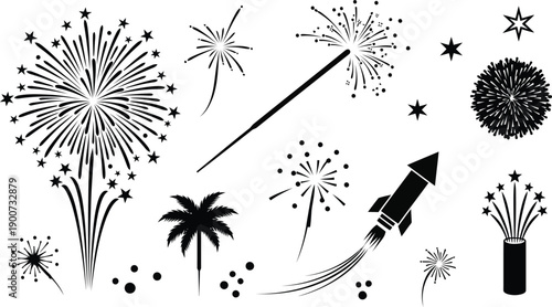 Black fireworks and sparklers illustration with palm tree on white background for celebrations