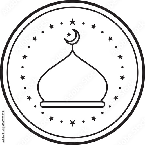 Ramadan Crescent Moon and Stars Dome Line Art Vector Icon