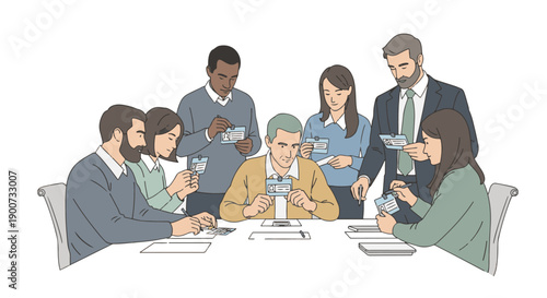 Illustration of a diverse group of people preparing and wearing name badges in a meeting