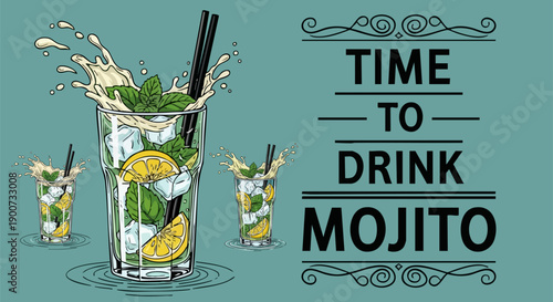 Refreshing mojito cocktail illustration showcasing mint leaves lime slices and splashing ice cubes perfect for summer drink promotions and menu designs