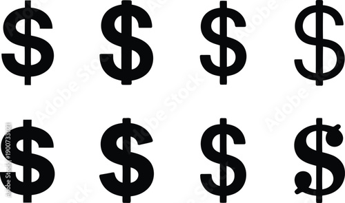 Eight identical black dollar sign symbols arranged in two rows on a plain white background surface