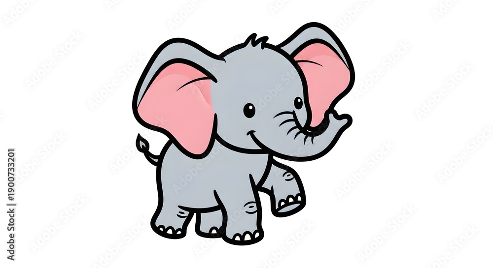 Obraz premium Adorable Baby Elephant Walking with Pink Ears, Cute Cartoon Illustration