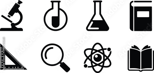Essential black silhouette icons for science education featuring laboratory tools and learning materials
