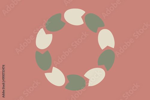 Easter eggshell pieces arranged in wreath on coral background