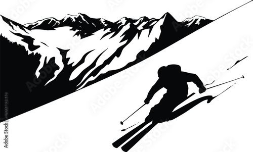 Minimalist Black and White Winter Sports Landscape, Stylized Action Graphic of a Skier Carving on a Slope, Monochrome Alpine Skiing Illustration with Mountain Backdrop, vector, illustration.