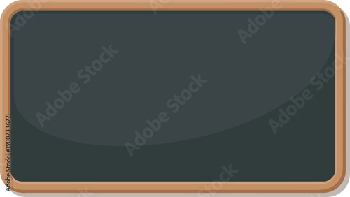 A horizontal dark gray empty chalkboard with a brown wooden frame stands ready for writing or drawing
