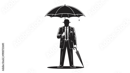 A stylish man in a suit stands under an umbrella on a rainy day