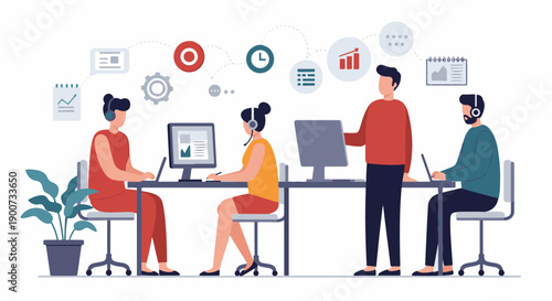 Illustration of a customer service team working together in a modern office environment