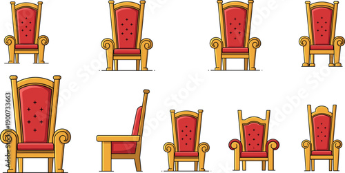 Royal throne chair vector set in multiple styles and views with golden frames and red cushions